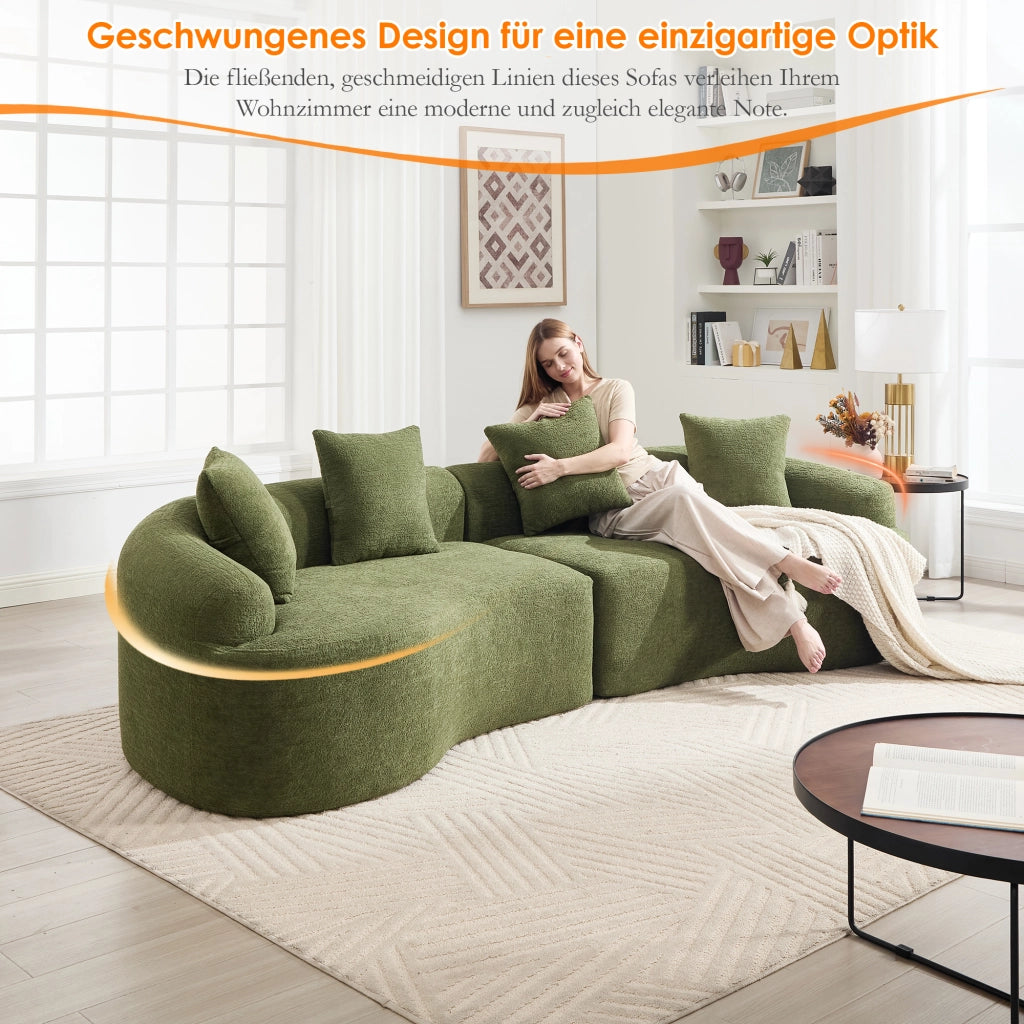 Divano 4 posti curvo in chenille con design lussuoso, morbido e senza montaggio, facile da spostare, verde
