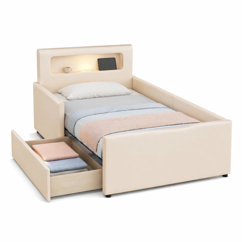 Letto imbottito per bambini 90x200 cm con LED; USB e cassetti; beige