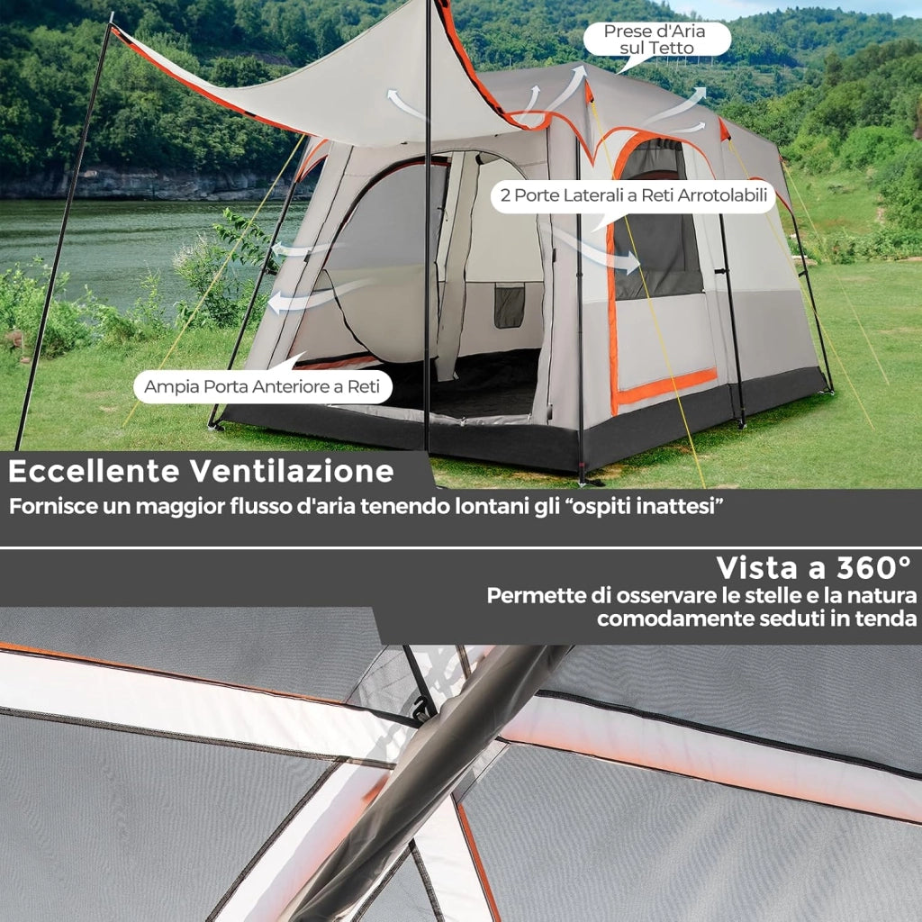 Tenda da Campeggio con Divisorio, Tenda a Doppio Strato con Telo Antipioggia, Telo in PE, Finestre a Rete, Impermeabile e Antivento, con Borsa