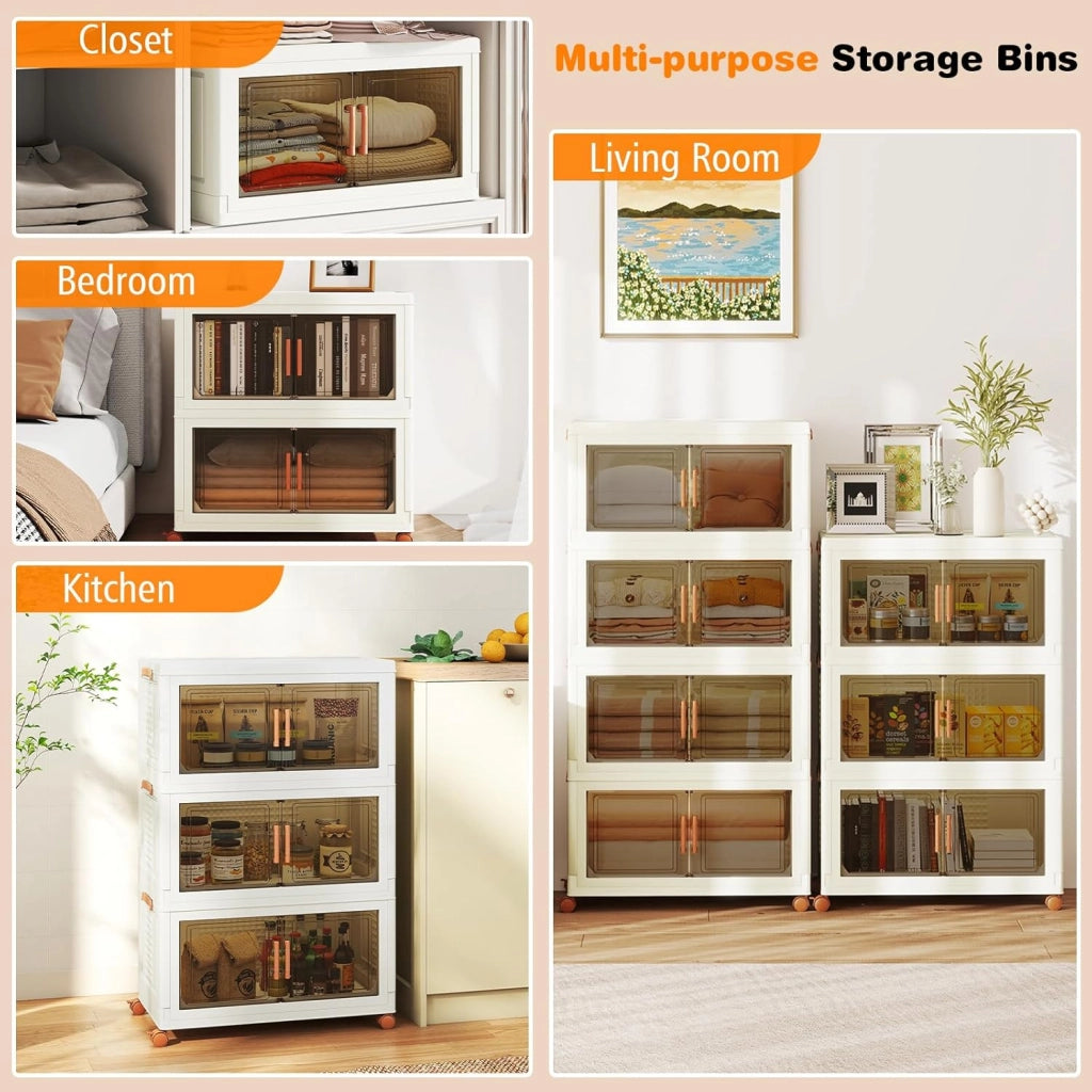 Contenitore di Archiviazione in Plastica, Organizzatore Impilabile con Coperchi e Porte, 4 Ruote, Scatole Organizzatore Pieghevoli per Soggiorno, Camera da Letto (68,5 x 37,5 x 107 cm)