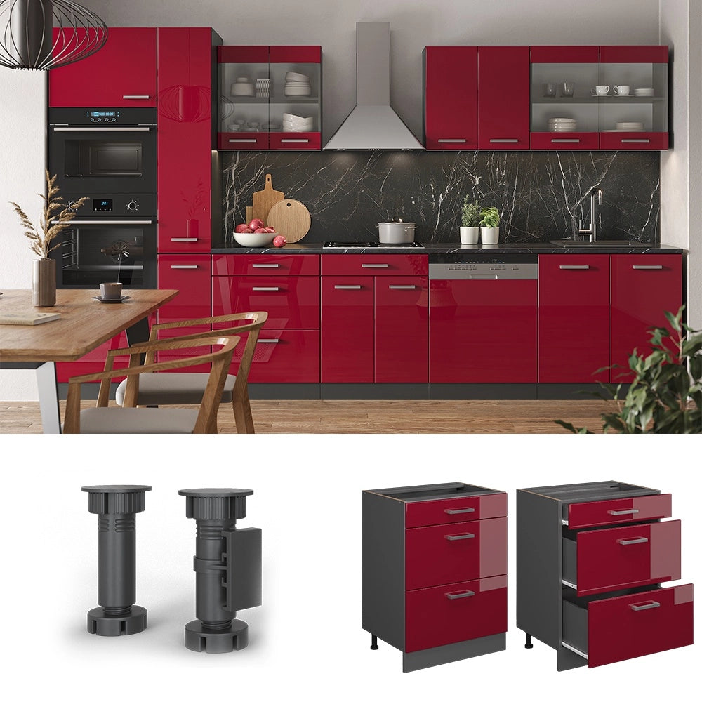 Mobiletto base per cucina R-Line Rosso lucido/Antracite 60 cm con cassetti, senza piano di lavoro Vicco