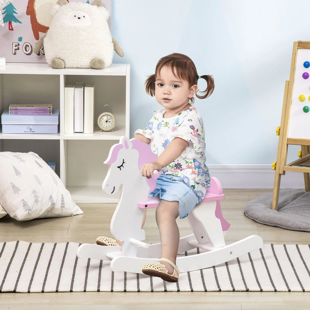 Cavallo a Dondolo Bambini Legno con Manubrio e Pedali ¨C zephmum ¨C 68x27x46,5cm Bianco Rosa