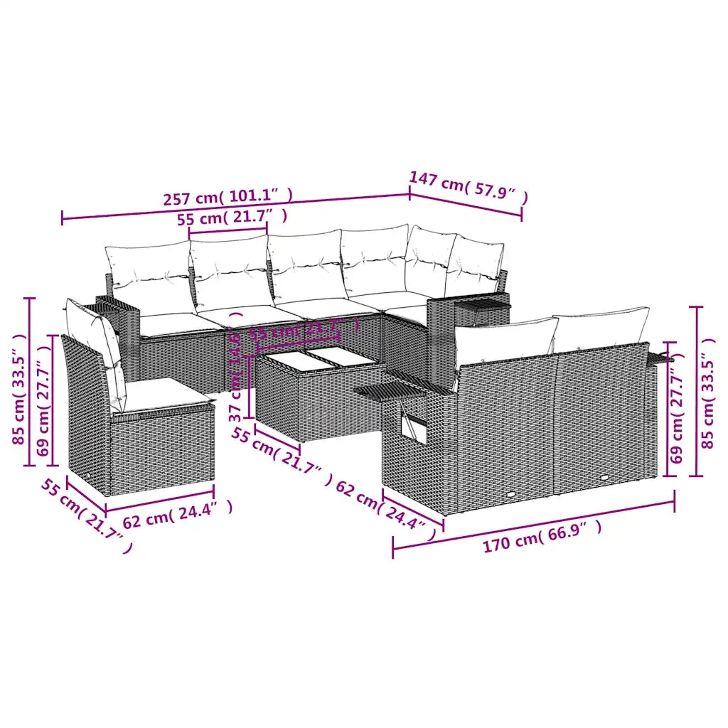 Set Divani da Giardino 9pz con Cuscini Marrone in Polyrattan