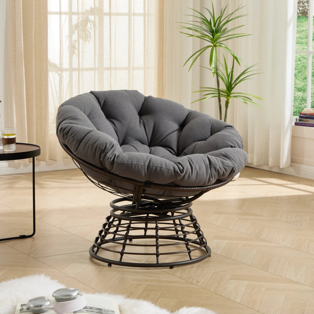 Poltrona Papasan girevole ergonomica con cuscino grigio e struttura marrone
