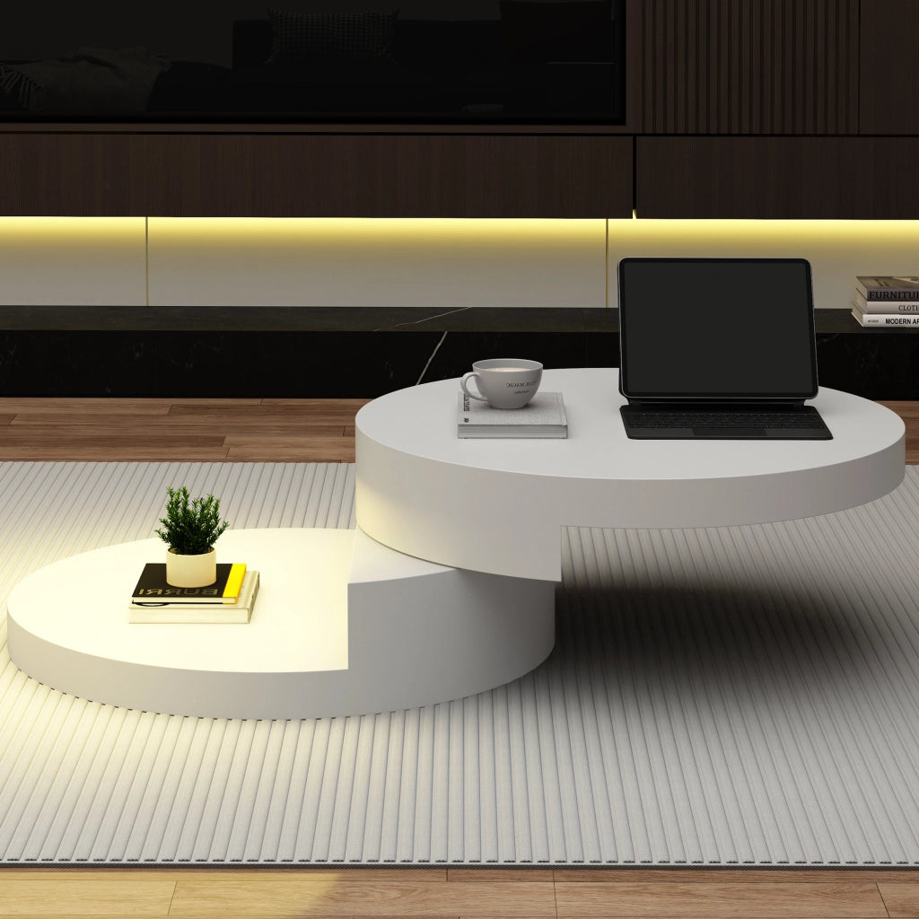 Tavolino basso cilindrico con piano girevole a 360°, LED e doppio ripiano in MDF bianco 70 × 70 × 35,5 cm