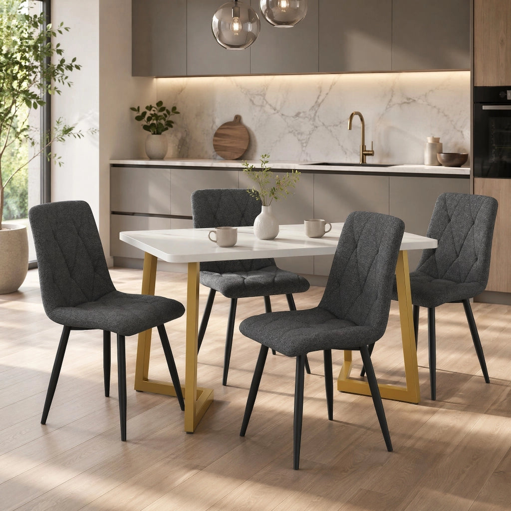 Set da pranzo 117x68x75 cm con 4 sedie in MDF; metallo e tessuto di lino grigio