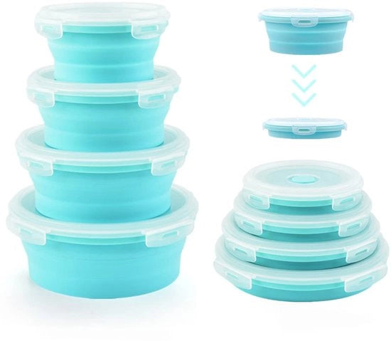 Set di contenitori per cibo opvoluti, 4 contenitori rotondi in silicone con coperchio, set di organizzatori e contenitori per camper, accessori per la cucina per camper, resistente al congelatore, resistente al lavastoviglie (blu)