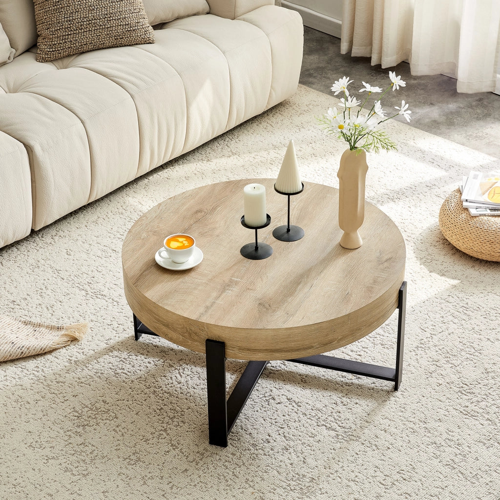TAVOLINO DA CAFFÈ ROTONDO 68 cm MDF E METALLO NERO