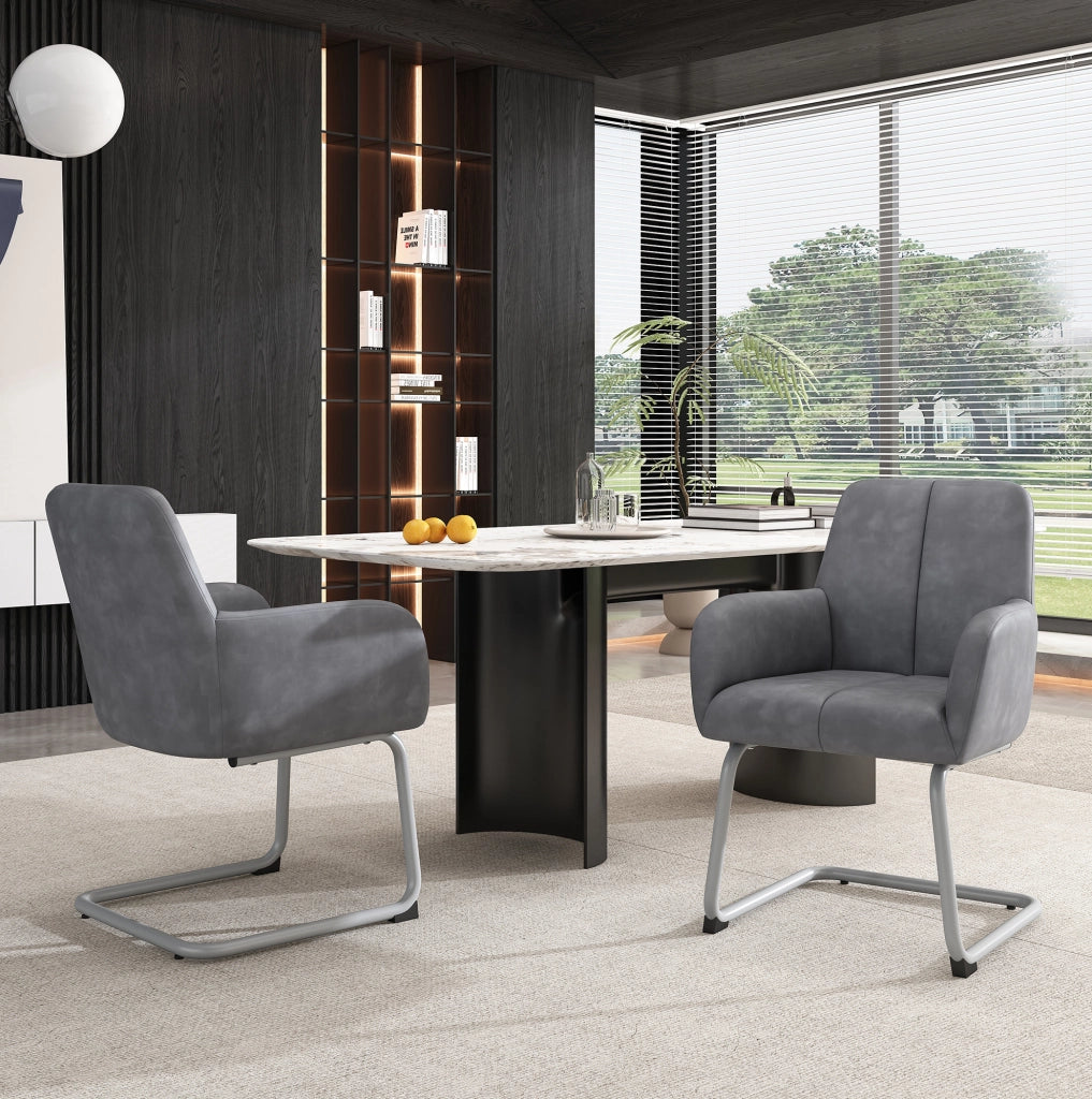 Set 2 sedie da pranzo con braccioli integrati; struttura in metallo; rivestimento grigio