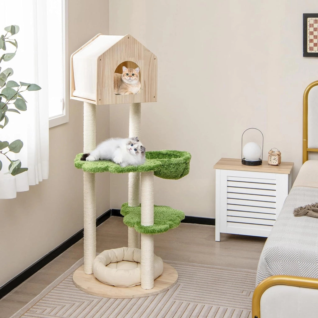 Albero Tiragraffi per Gatti 139 cm, Torre Multi-livello in Legno con Tiragraffi in Sisal, Piattaforme di Salto, Trespolo e Amaca, Centro di Attività per Gatti, Verde