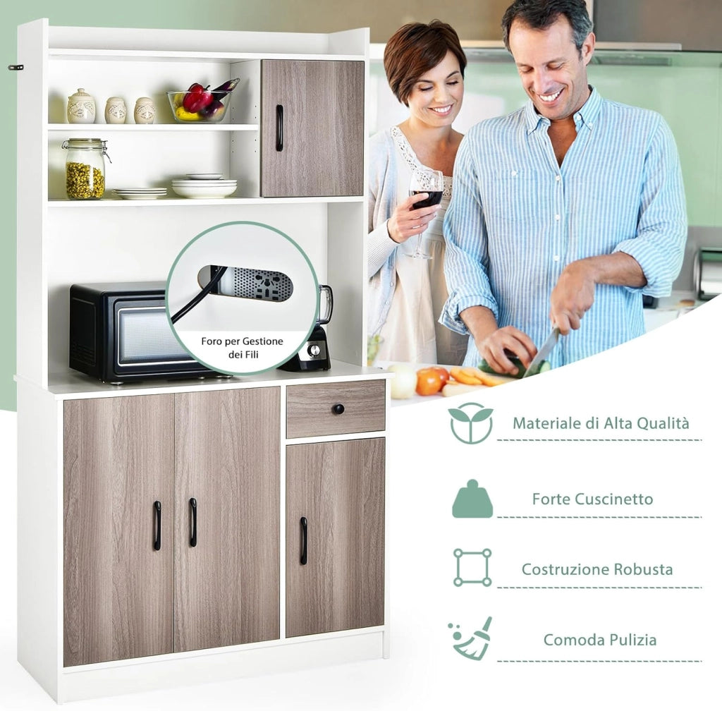 COSTWAY Armadio da Cucina Alto 180 CM, Credenza Alta da Cucina con Armadietti e Cassetto, Stazione di Ricarica Integrata, Ripiani Regolabili, 100 x 40 x 180 cm (Bianco)