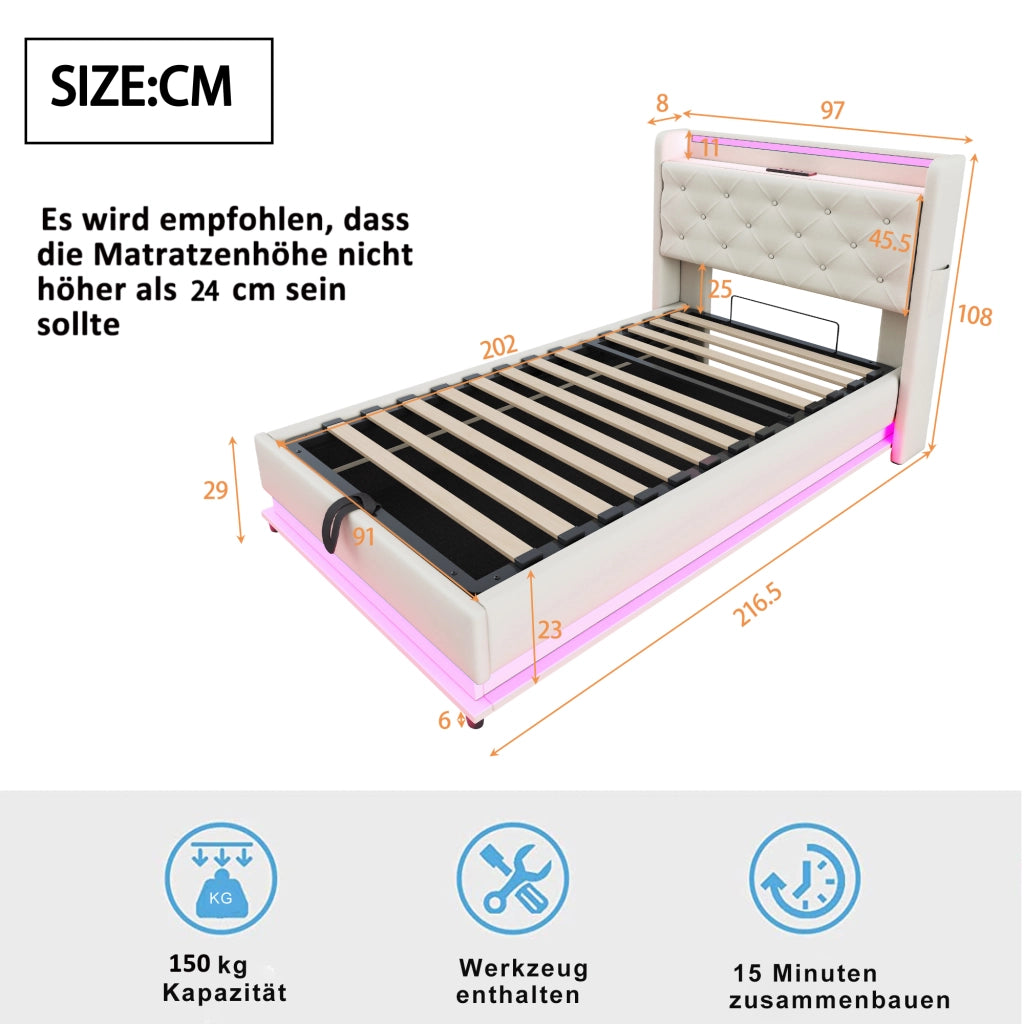 Letto singolo 90×200 cm con contenitore; testiera apribile; LED; USB e Type-C; senza materasso; lino; beige