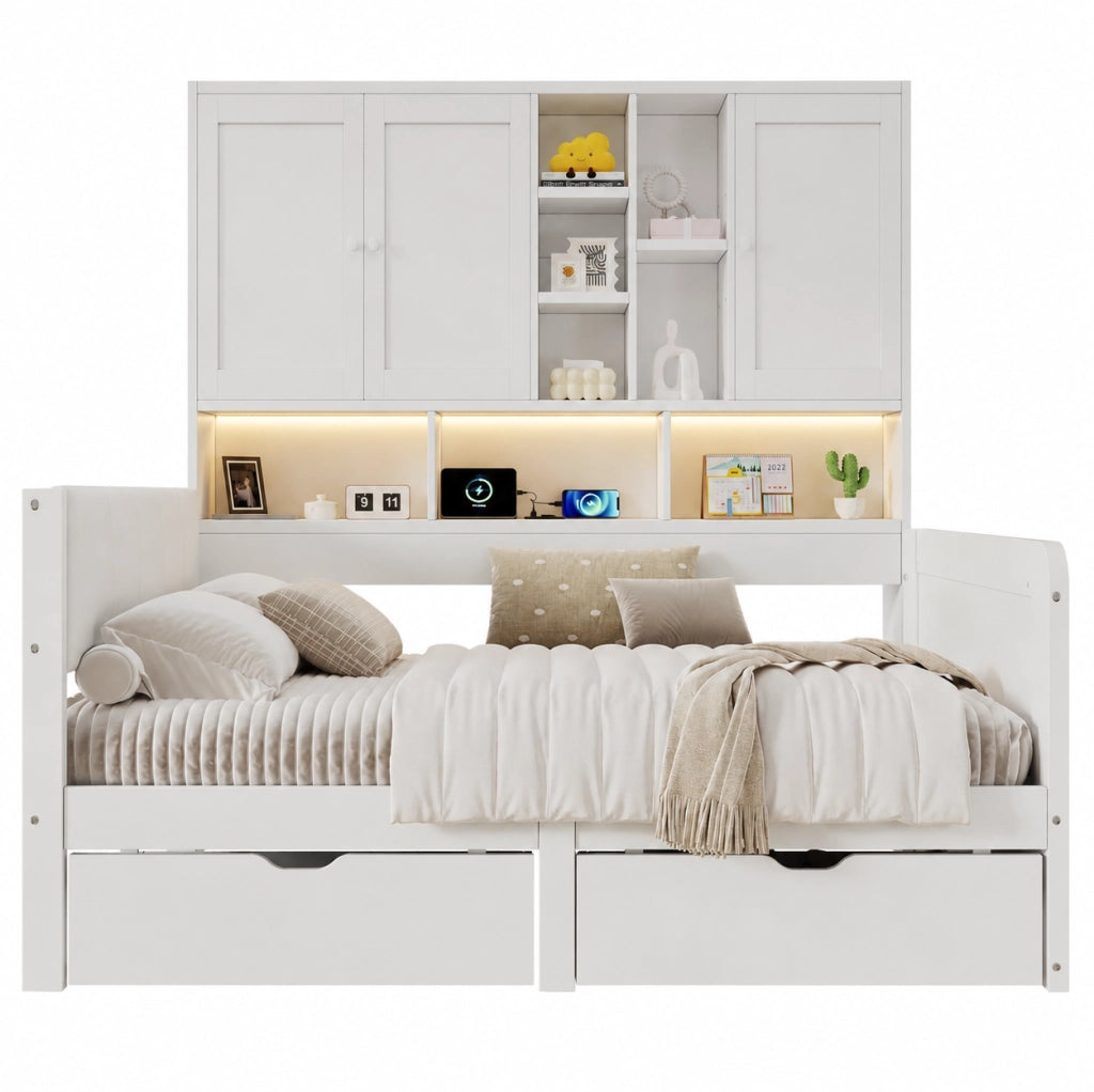 Letto singolo 90x200 con LED, USB/USB-C e presa, bianco