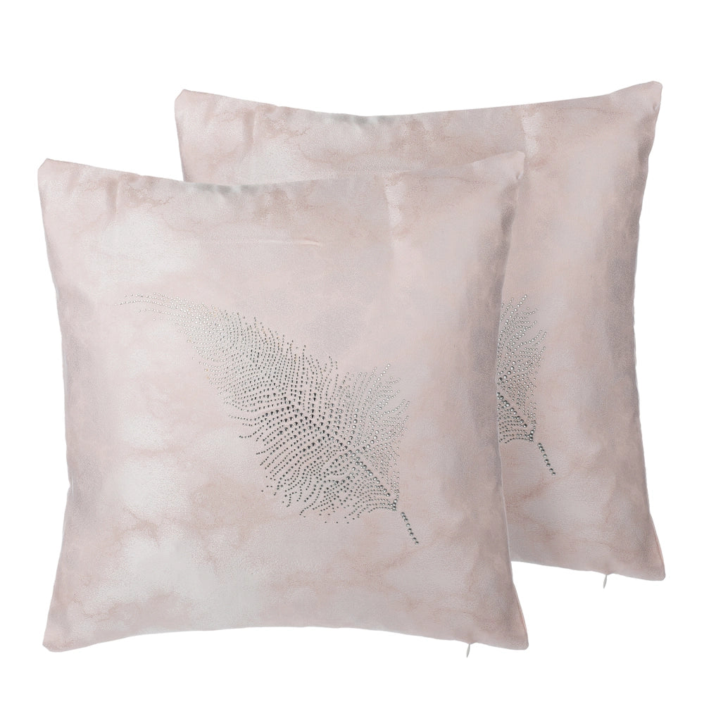 Set di 2 cuscini Decorativi Applique Piuma Rosa 45 x 45 cm Delicato Motivo Glam Decor Accessori