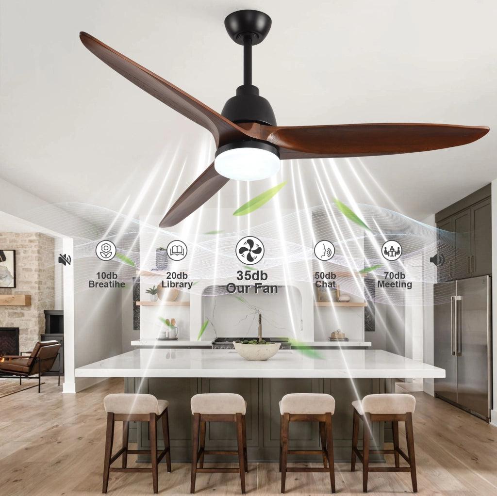 Ventilatore a soffitto 52" con luce LED dimmerabile e telecomando, legno noce e nero
