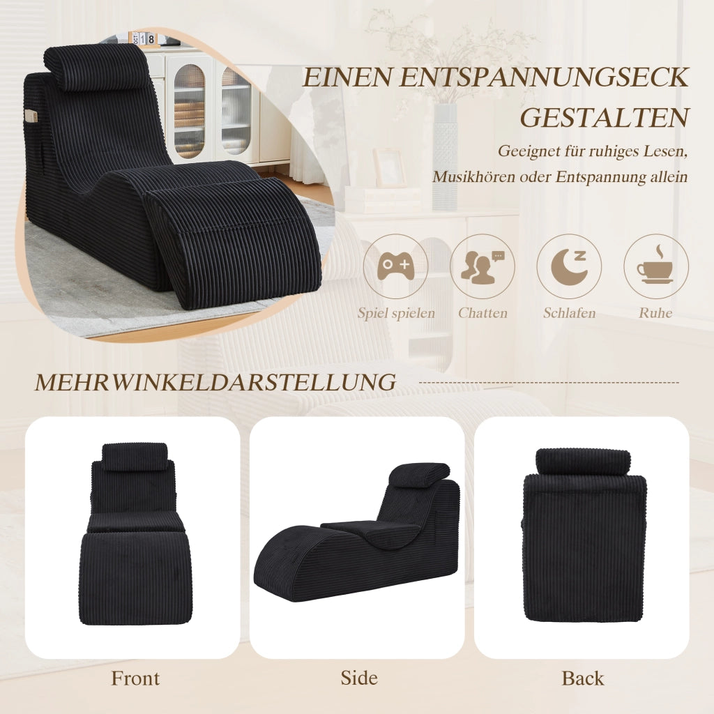 Fauteuil con design singolo ergonomico con poggiatesta e tasca laterale in velluto a coste nero