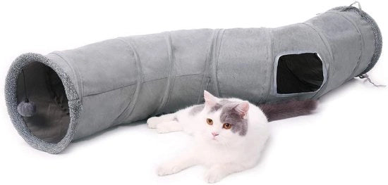 Tunnel da Gatto Pieghevole in Suede per Gatti e Conigli con 2 Fori e Palla Sospesa Dia 27*117cm