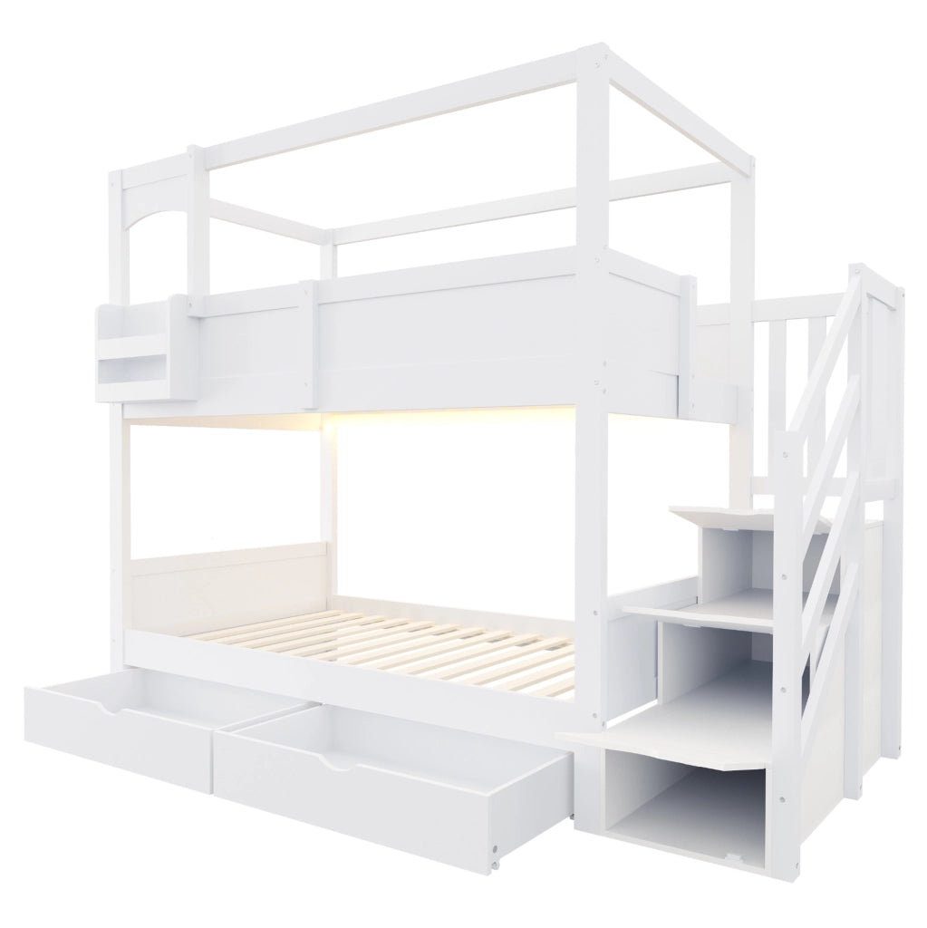 Letto a castello per bambini 90x200 cm in legno; design casetta; bianco; con cassetti e scaletta contenitore