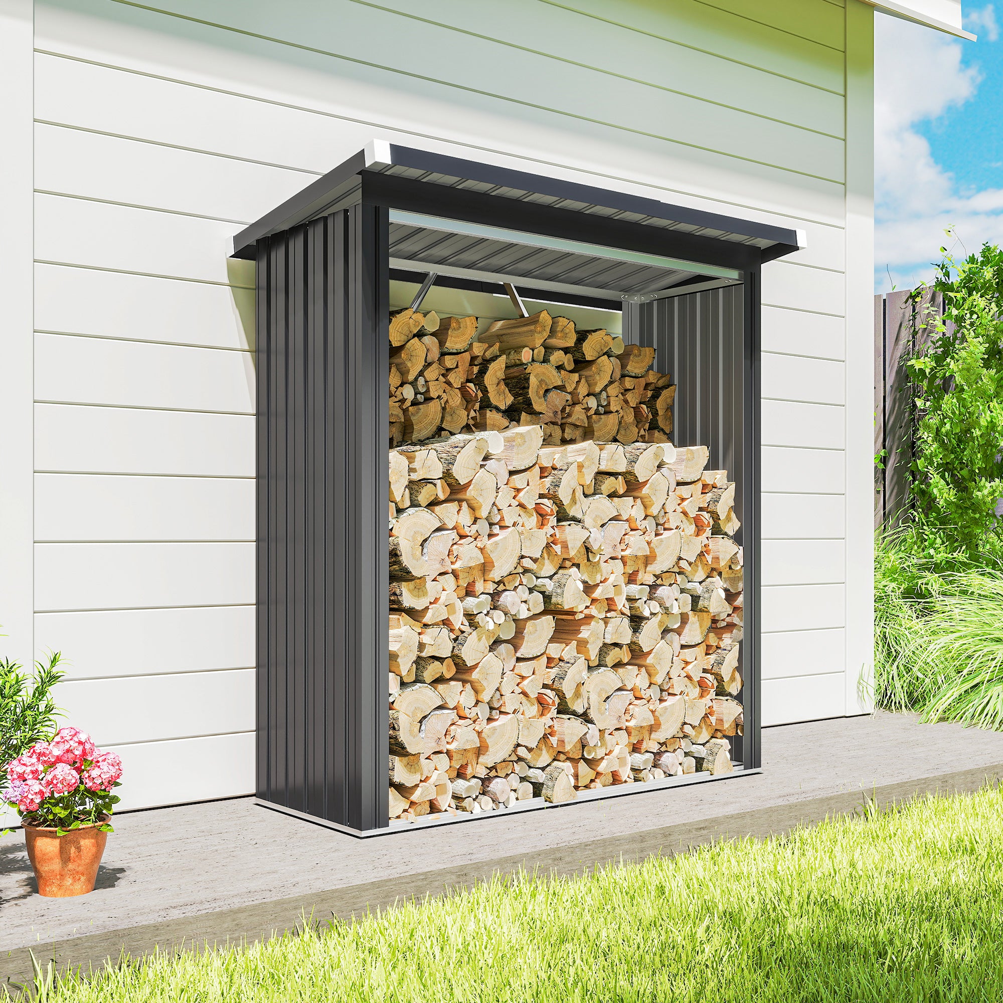 Capanno Portalegna 150x66.5x150 cm Base Rialzata e Tetto Inclinato in Acciaio Grigio Scuro