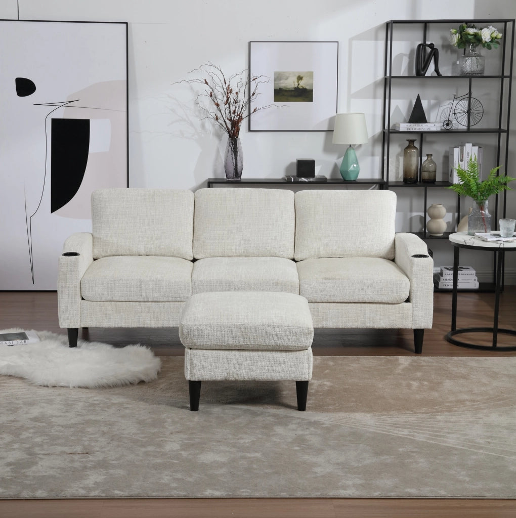 Divano 4 posti beige con pouf contenitore in ciniglia; porta-bicchieri e tasche laterali HOMVRA