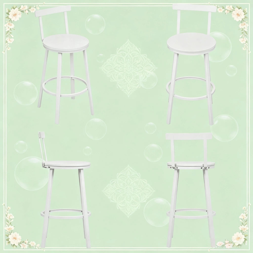 Sgabello da bar con schienale curvo e anello poggiapiedi in MDF e metallo bianco 2 pezzi per cucina 65 cm