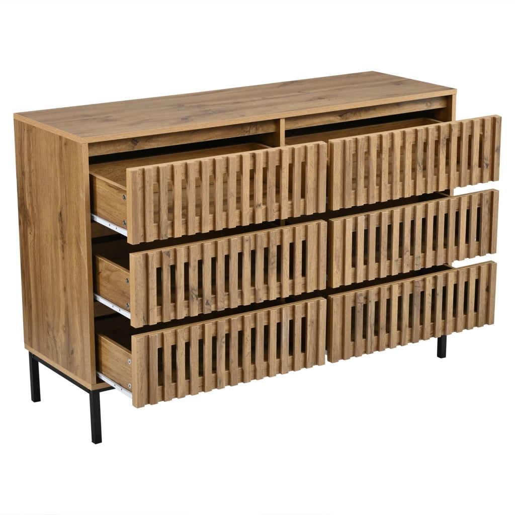Cassettiera, credenza da sala da pranzo, 6 cassetti, piedini in metallo, finitura effetto legno, 120 x 40 x 81 cm