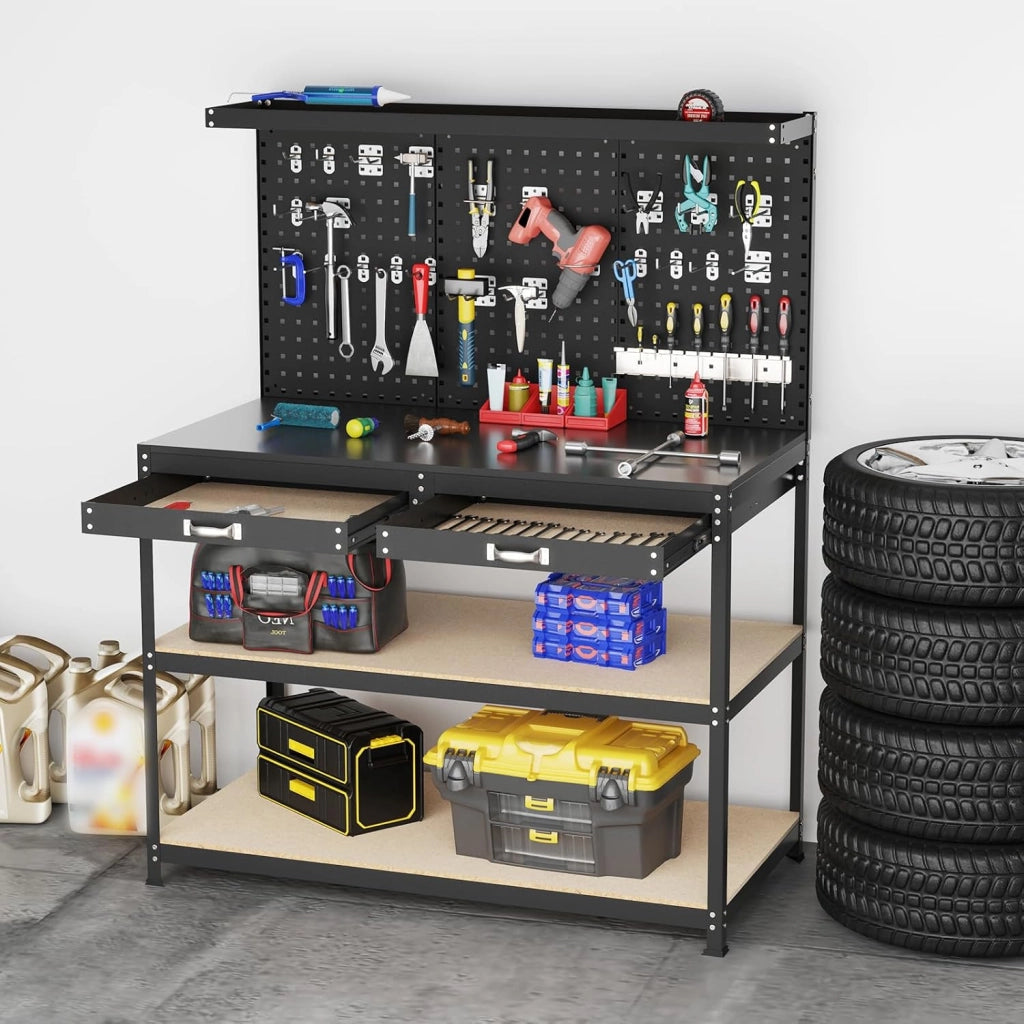 Banco da Lavoro, Organizer per Attrezzi in Metallo con 3 Pannelli Perforati con Kit di 24 Ganci, 2 Cassetti e 2 Ripiani, Banchi da Lavoro per Officina, Garage (Nero, 121 X 61 X 156 CM)