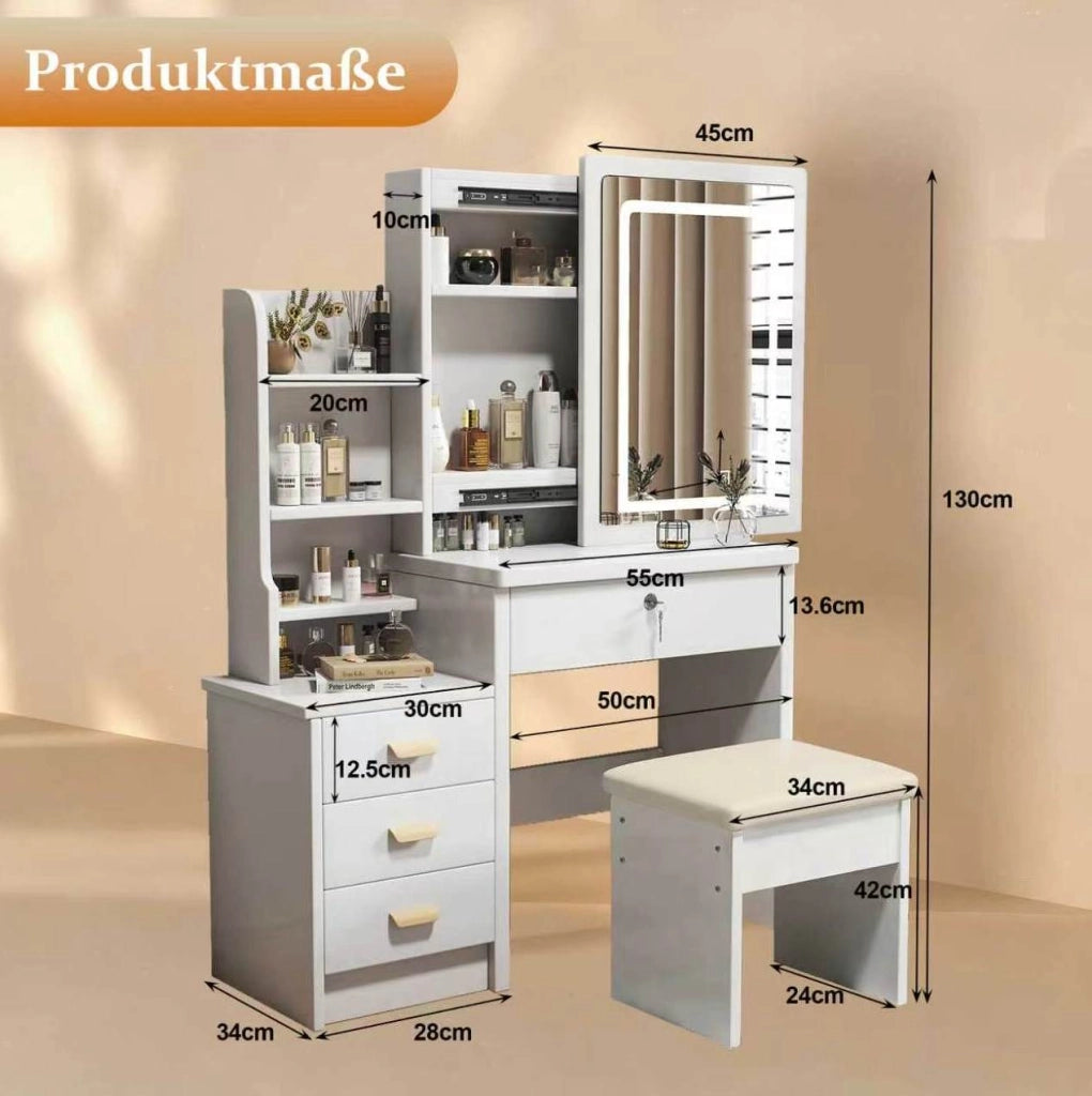 Toeletta con specchio LED; 3 modalità luce; ampio spazio contenitivo; bianca in MDF