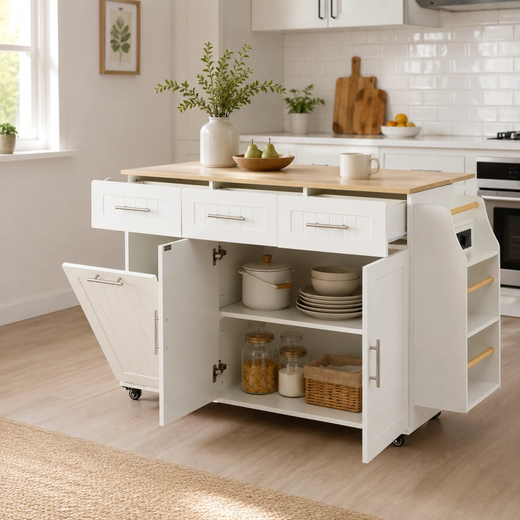 Carrello cucina 120x40(70)x90 cm con piano pieghevole; cassetto e ruote in MDF bianco
