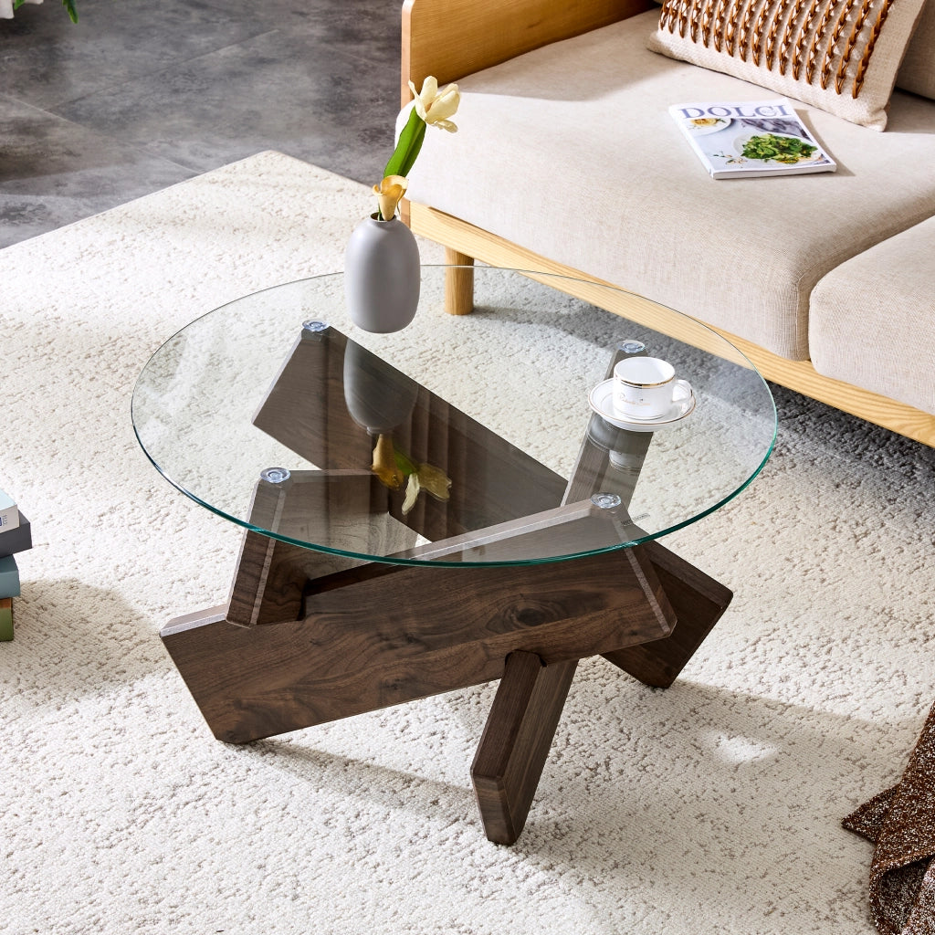 TAVOLINO rotondo 79 cm MDF e vetro trasparente effetto noce