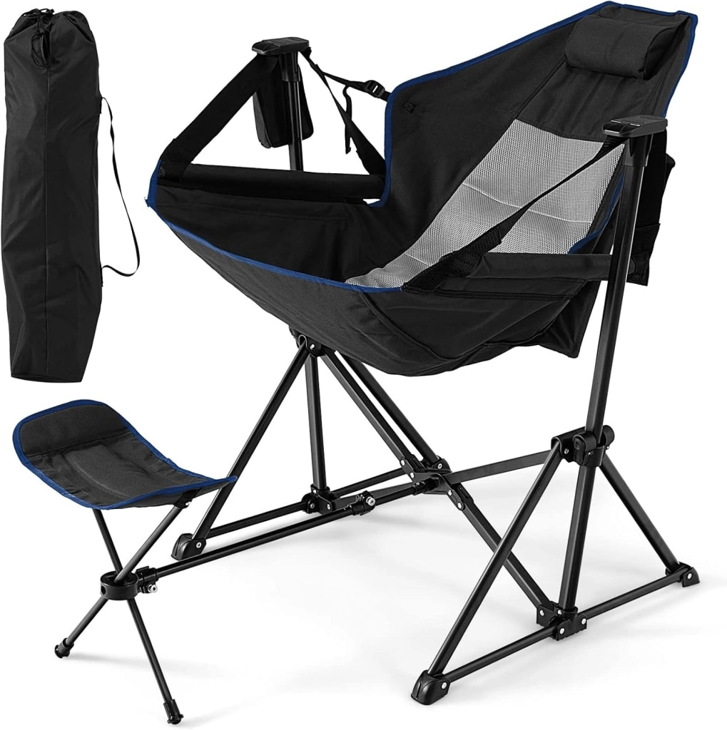 Sedia a Dondolo da Esterno Portatile, Sedia da Campeggio Pieghevole con Poggiapiedi Retrattile e Borsa da Trasporto, Ideale per Campeggio, Pesca e Picnic, Portata 150 kg (Nero)