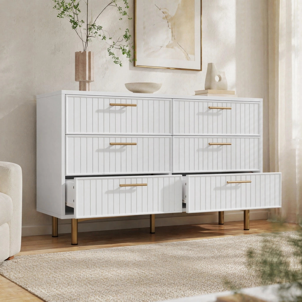 Cassettiera bianca 120 cm con 6 cassetti e piedini in metallo