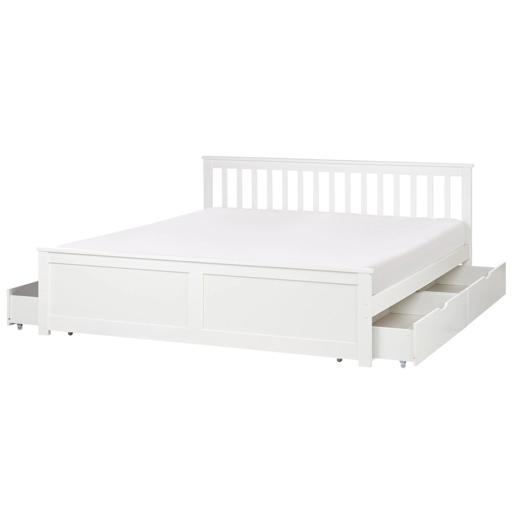 Letto matrimoniale Legno di Pino bianco con Rete a Doghe con 4 cassetti 180 x 200 cm Testiera a doghe minimalista