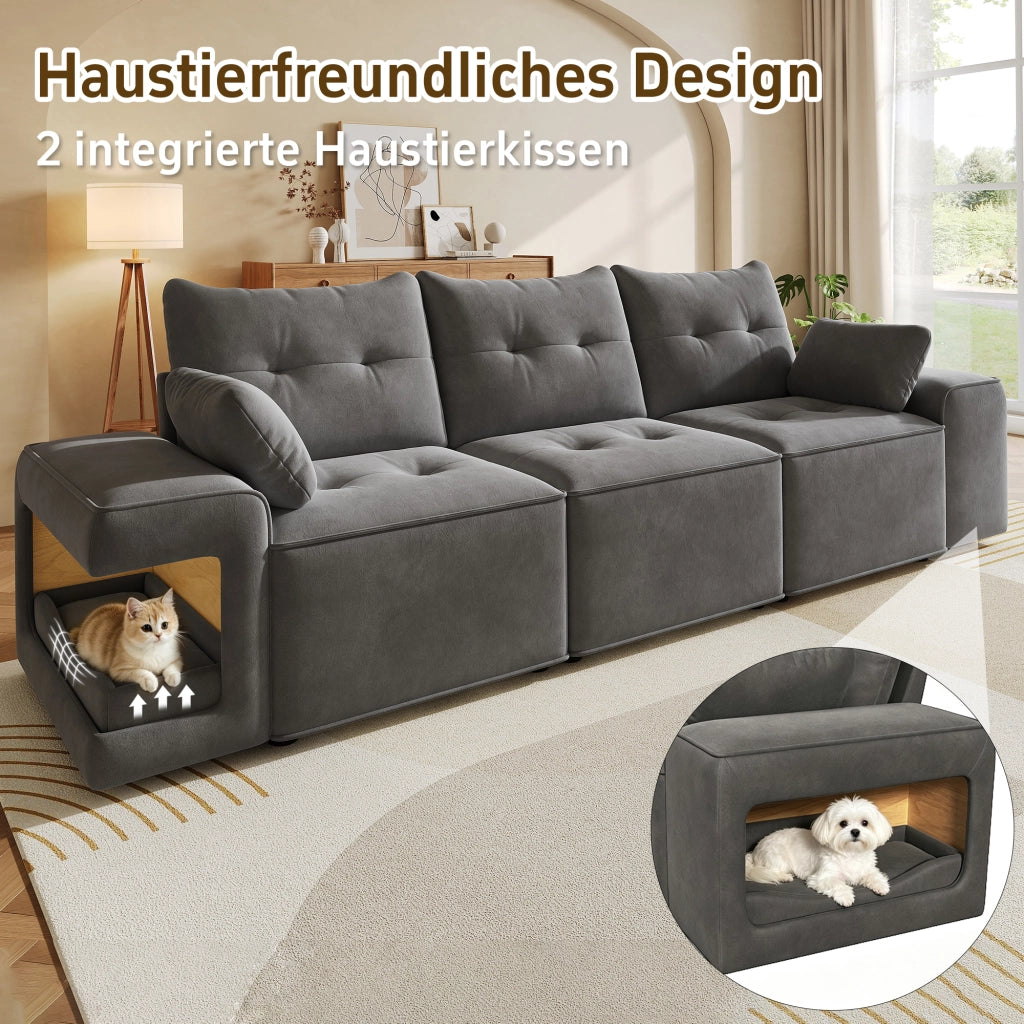 Divano modulare a 3 posti con braccioli larghi e vani portaoggetti, nicchie per animali in velluto grigio 229,5 × 78 × 84 cm