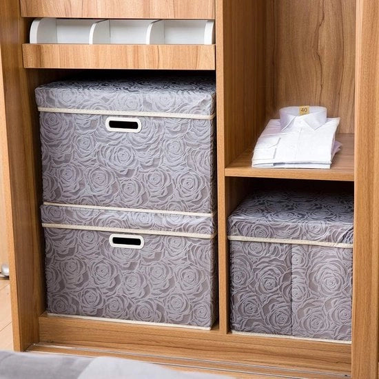Cassa di stoccaggio pieghevole grande con coperchio [1 pezzo] Cassa di stoccaggio decorativa in tessuto, organizzatore cubico, contenitore, grigio 45 x 30 x 30 cm