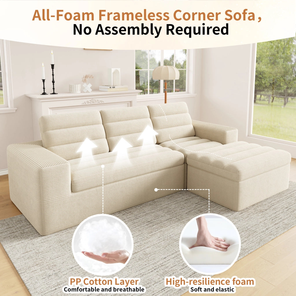 Divano angolare modulare a L senza telaio con sedute componibili in velluto a coste beige 253 × 161 × 89 cm