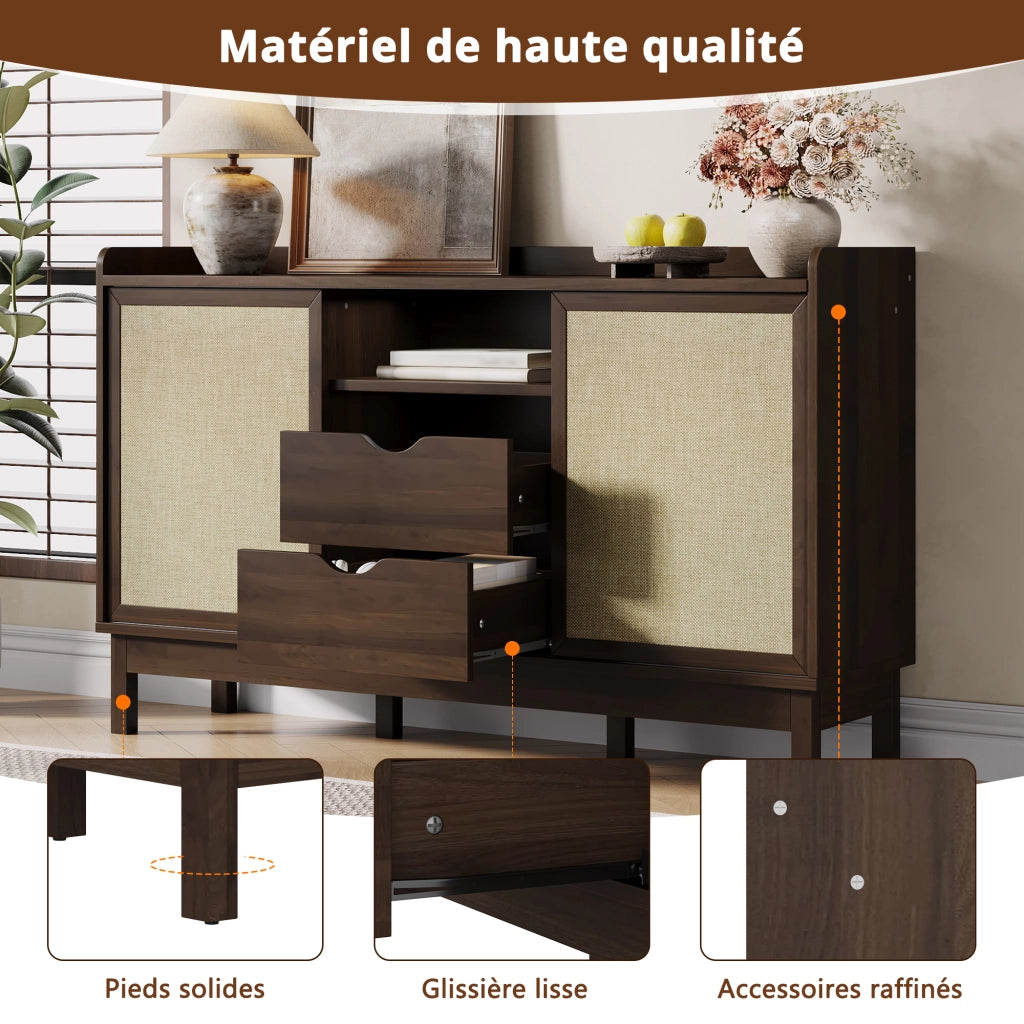 OKWISH Credenza con 2 Ante Scorrevoli e 2 Cassetti, Ripiani Regolabili, per Soggiorno e Sala da Pranzo, Naturale, 150×39,5×80 cm