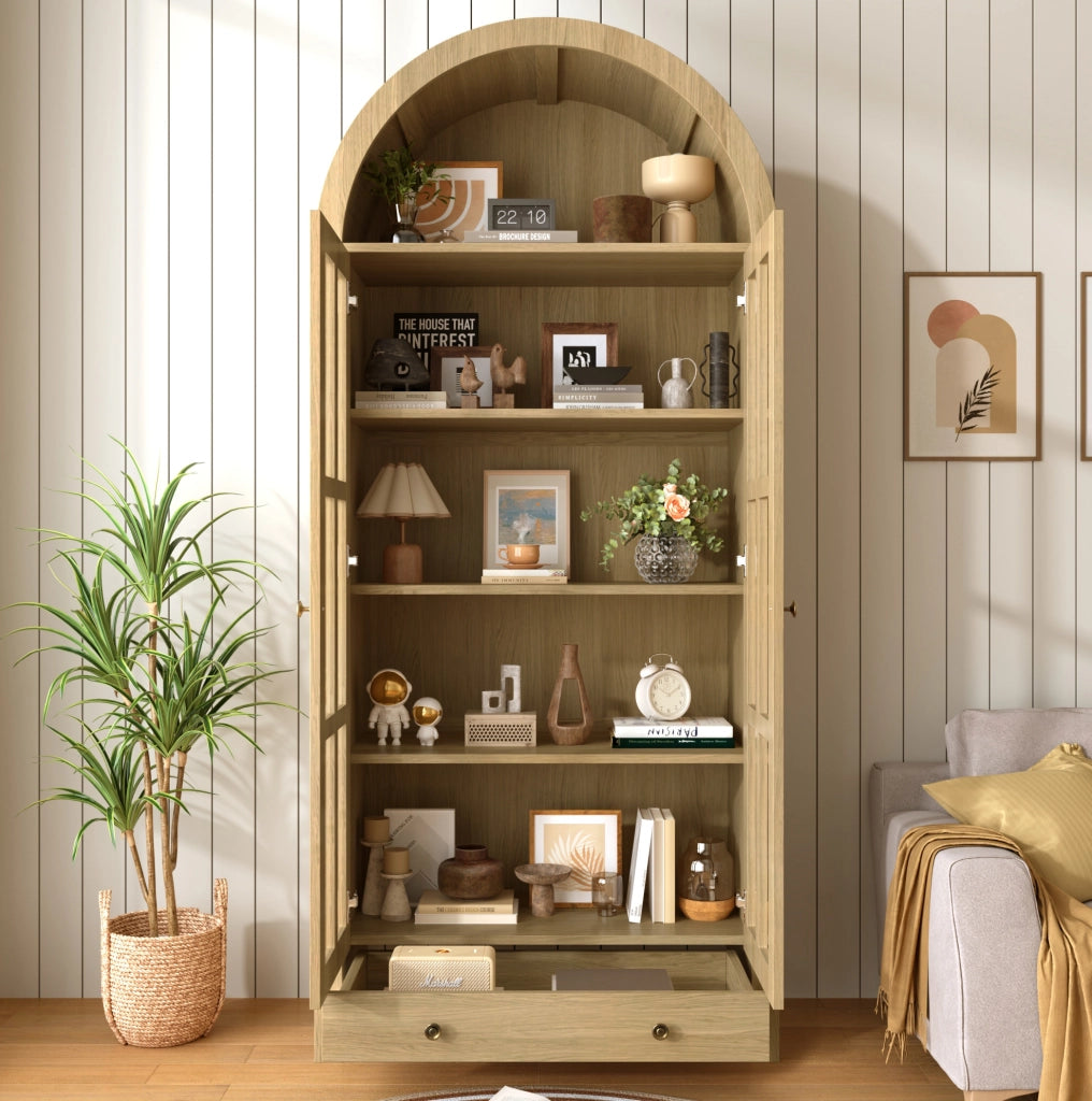 Vetrina ad arco da terra 75x35x170;5 cm in MDF naturale con ante in acrilico e cassetto