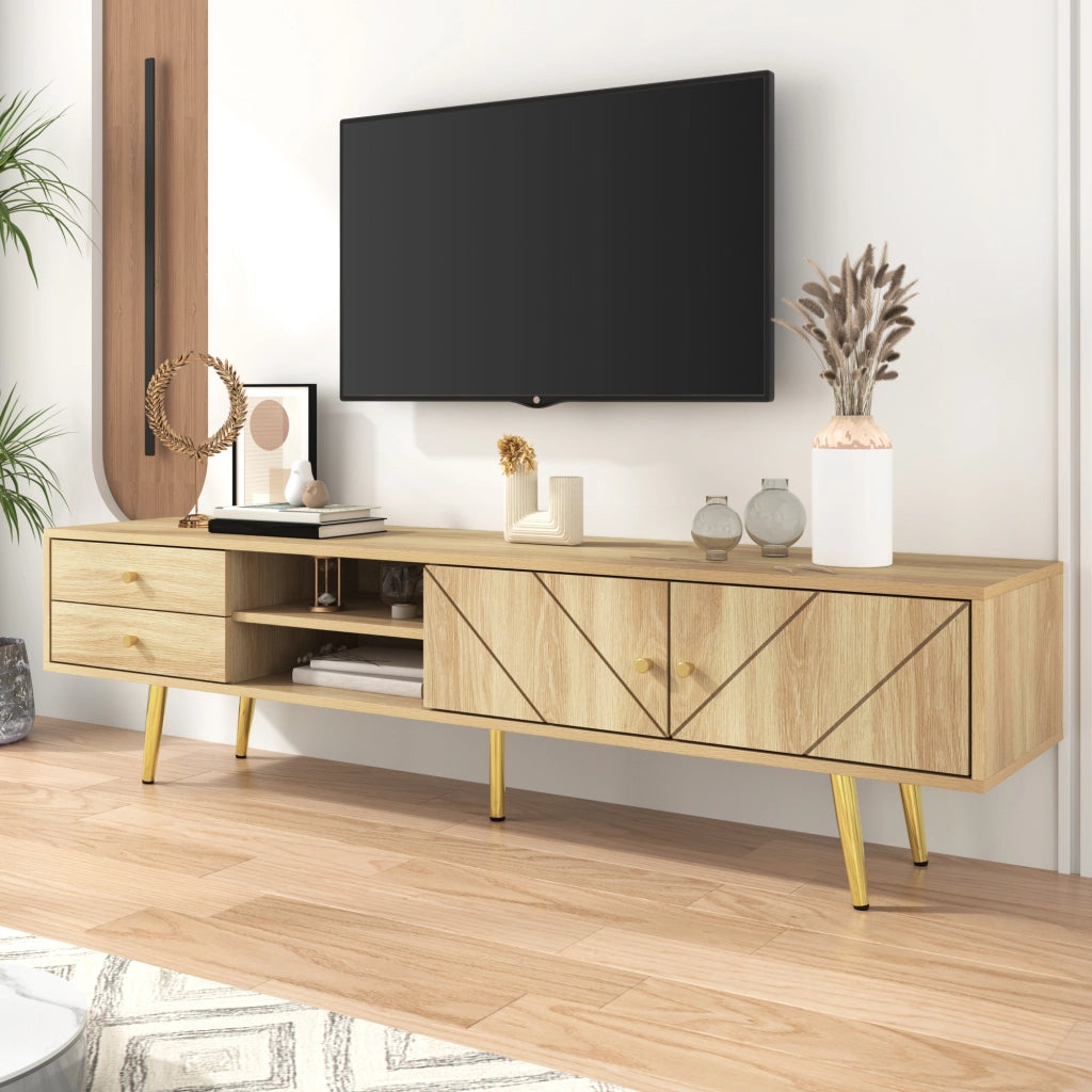 Mobile TV con 2 Ante; 2 Cassetti e 2 Vani Aperti; Piedini in Metallo Dorato; Stile Moderno; 160??36??42 cm; Legno