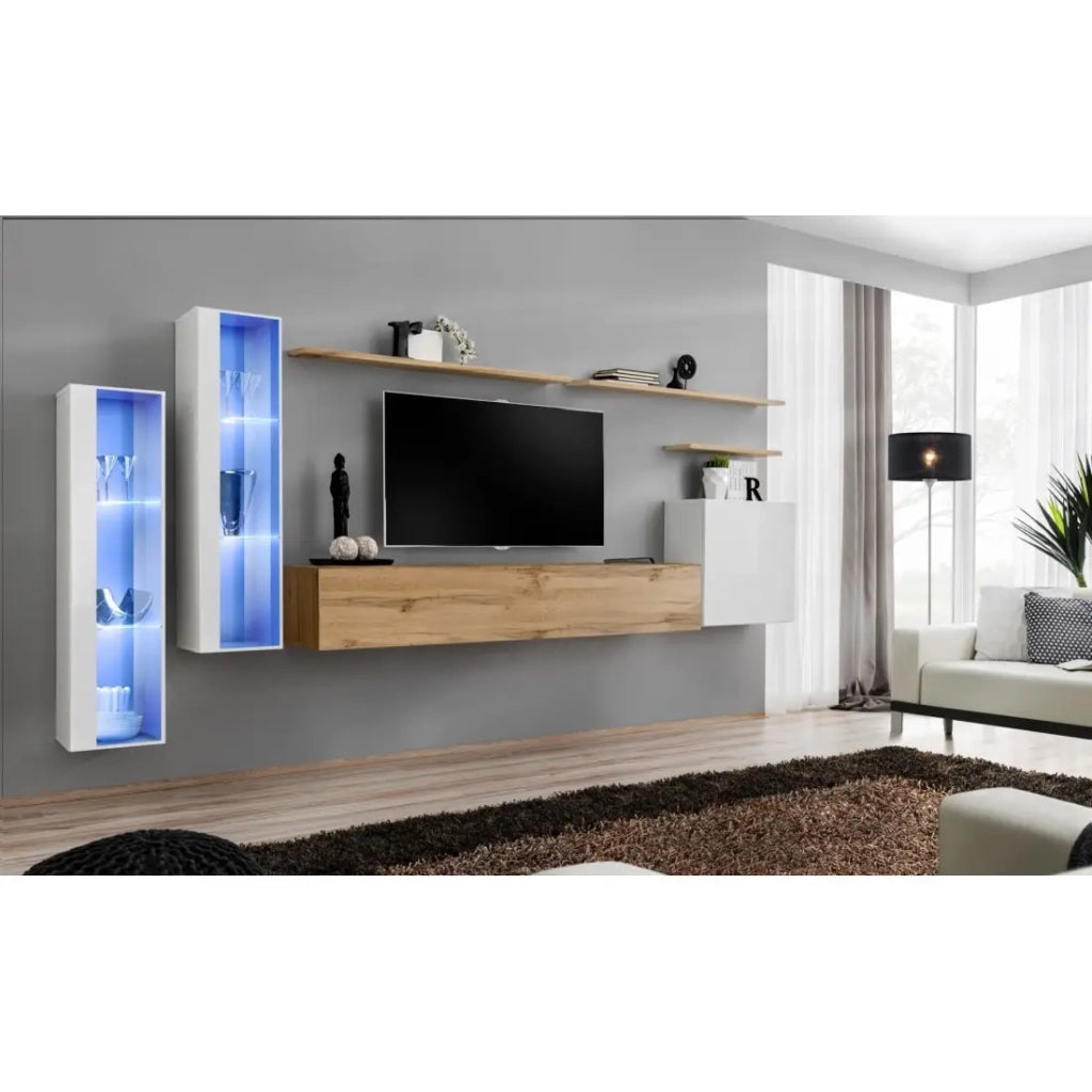 Set di mobili da soggiorno a parete SWITCH XI design, colore rovere Wotan e bianco lucido.