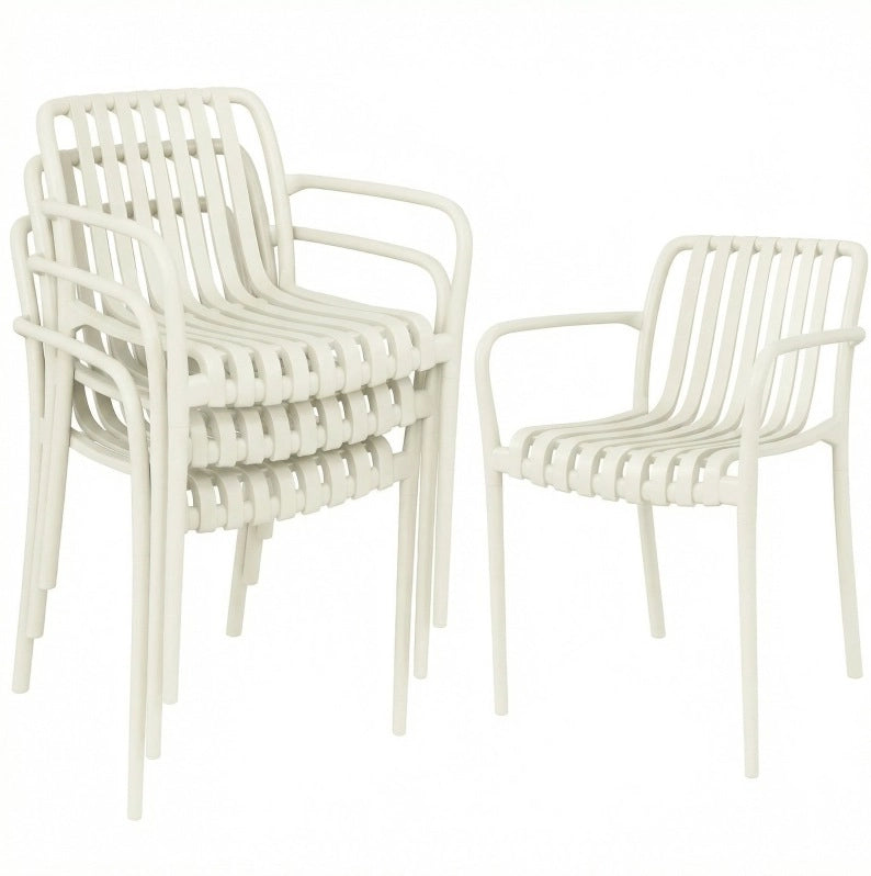 Set di 4 sedie da giardino impilabili con braccioli; bianco crema