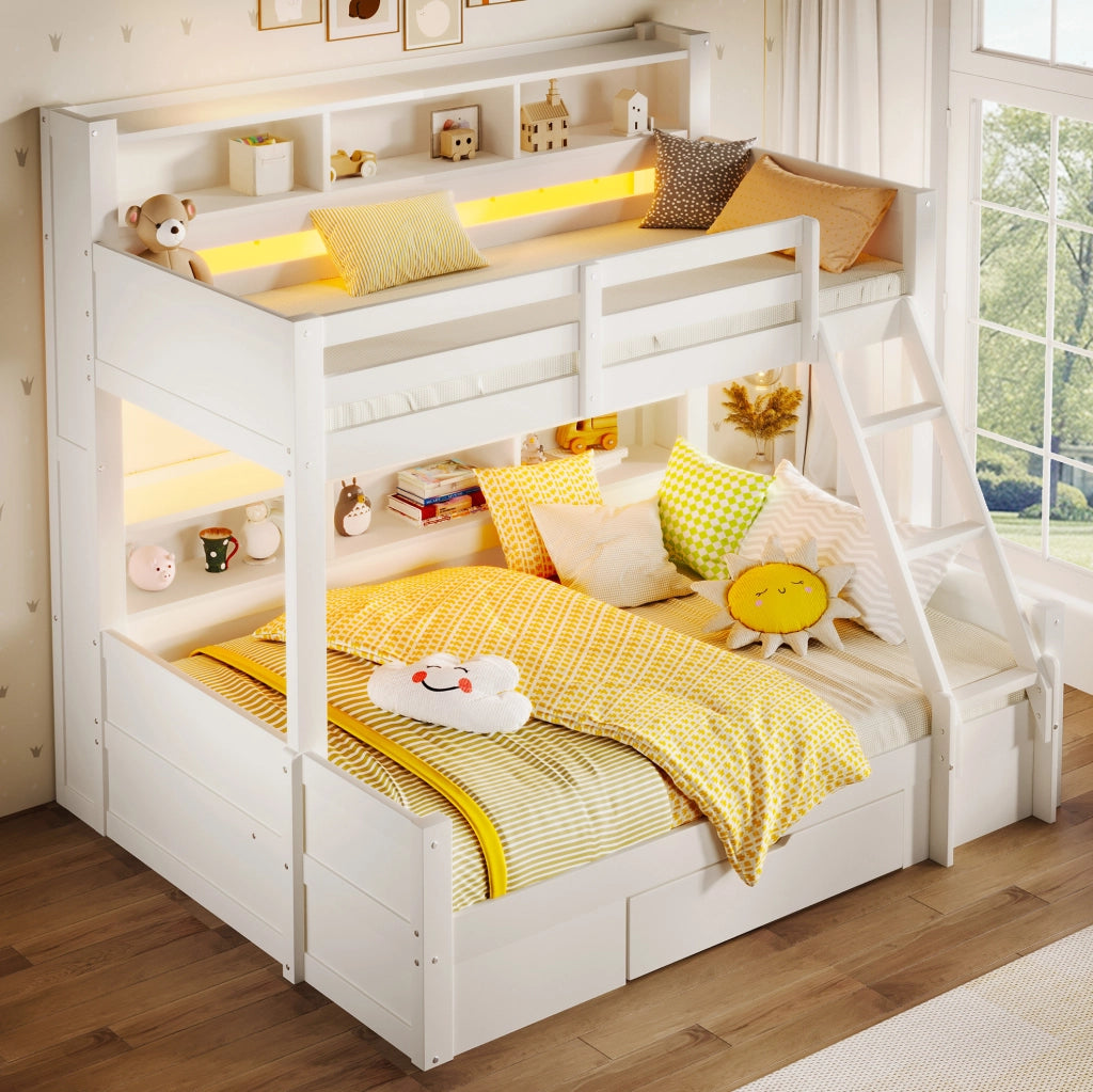 Letto a castello con vano contenitore, cassetto e luce LED integrata