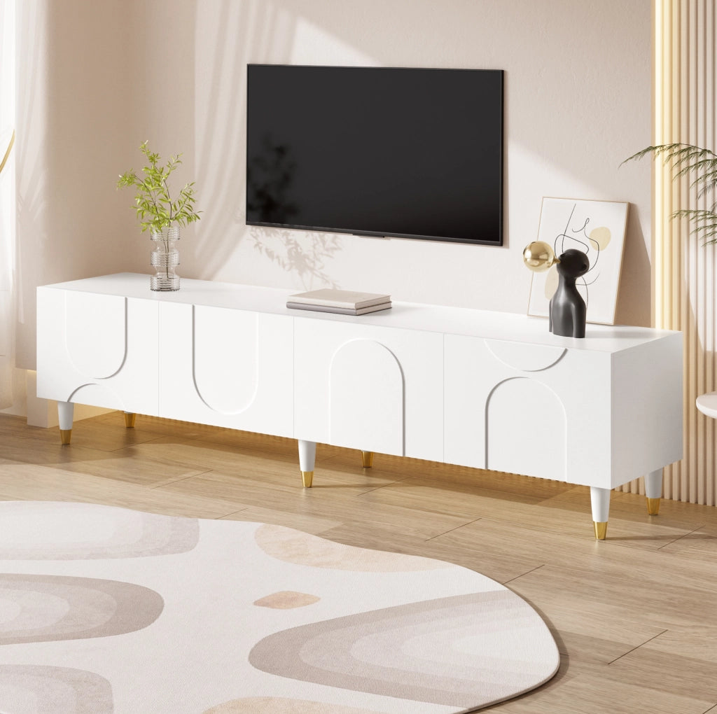Mobile TV 180x40x50 cm con ante a rilievo ad arco asimmetrico in MDF e truciolare bianco