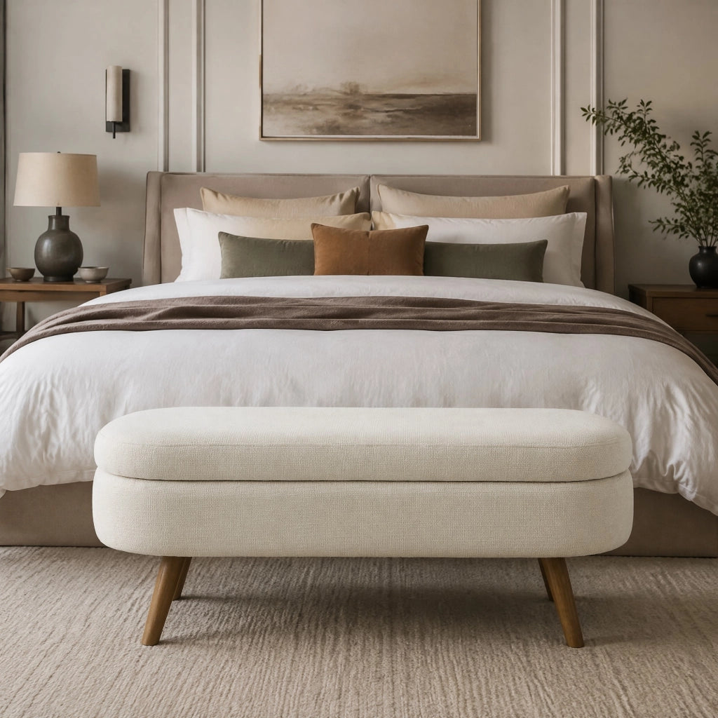 Panca contenitore in chenille con vano portaoggetti e fori di ventilazione, beige, per camera da letto e corridoio, 110 cm