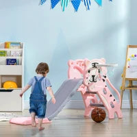 Scivolo per Bambini 18-36 Mesi con Canestro da Basket Laterale, in Plastica, 133x60x70 cm, Rosa e Grigio