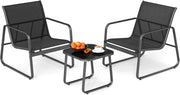 Set da Conversazione a 3 Pezzi, Set di 2 Sedie in Textilene e Tavolino in Vetro Temperato, Set da Giardino a 3 Pezzi con Struttura in Metallo, per Giardino, Terrazza, Piscina (Nero)