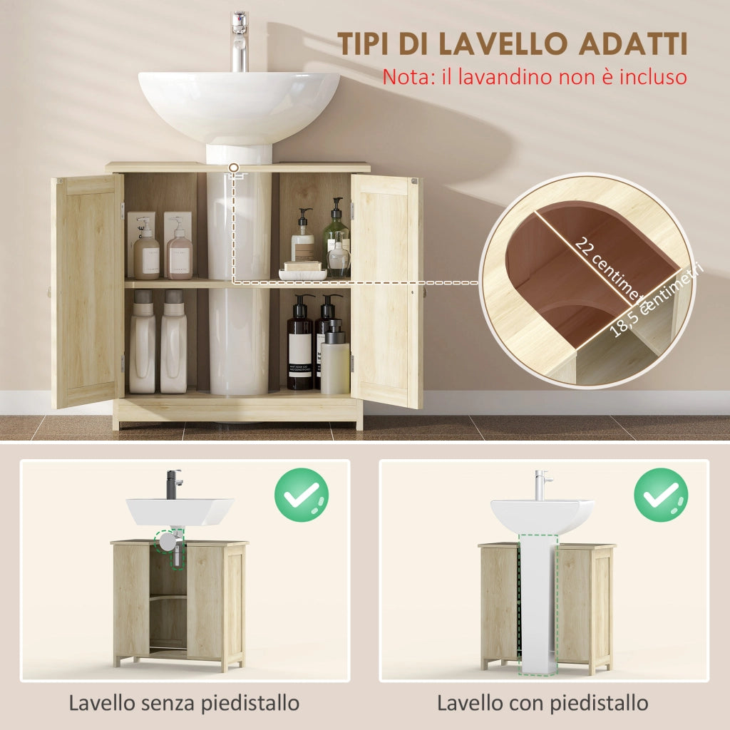 Mobile Sottolavabo a 2 Ante con Ripiano Regolabile e Intaglio a U, 60x30x60 cm, Rovere