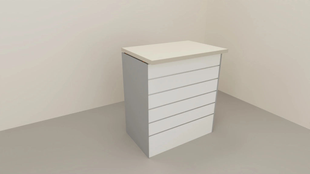 Bancone vendita dritto per negozio con pannello dogato frontale cm. 312x64x106h