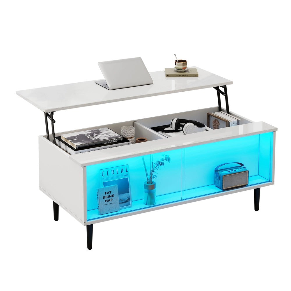 Tavolino da Caff¨¨ con LED e Ripiano in Vetro Temperato ¨C MINIMAL ¨C Bianco 105x50x43