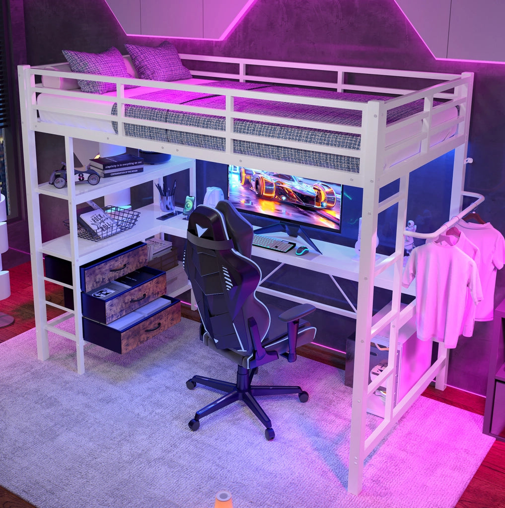 Letto a soppalco 90x200 cm con scrivania, LED e USB